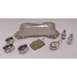 A Walker and Hall shaped rectangular silver plated tray and a silver condiment set