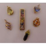 Six 9ct gold pendants set with various coloured stones, approx total weight 20.2g
