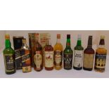 Nine bottles of blended scotch whisky to include Johnnie Walker Black label, 100 Pipers, Grants, VAT