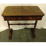 Mahogany rectangular two drawer side table on two supports with bun feet, 72.5 x 66 x 38.5cm
