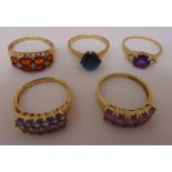 Five 9ct gold rings set with various coloured stones, approx total weight 17.7g