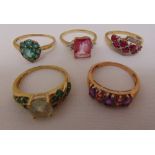 Five 9ct gold rings set with various coloured stones, approx total weight 16.2g