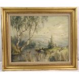 Heinrich Breedveld framed oil on canvas of flying ducks by a stream, signed bottom right, 40.5 x