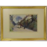 John White framed gouache titled Going to Market, gallery label to verso, 27.5 x 45cm