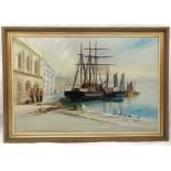 Terry Burke framed oil on canvas of a sailing ship moored by a dock, signed bottom right, label to