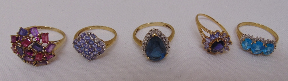Five 9ct yellow gold rings set with various coloured stones, approx total weight 19.9g