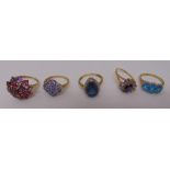 Five 9ct yellow gold rings set with various coloured stones, approx total weight 19.9g