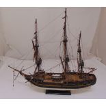 A model of a three mast sailing ship, 69 x 73cm