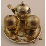 Georg Jensen three piece condiment set and tray to include two condiment spoons, approx total weight