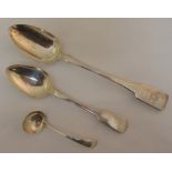 Three silver spoons to include a Georgian basting spoon, William IV tablespoon and a sauce ladle,