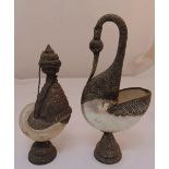 Two Middle Eastern Mother of Pearl and white metal vases, one in the form of a swan, tallest 38cm (