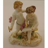 Meissen figural group of putti artists on naturalistic base, marks to the base, 11.5cm (h)