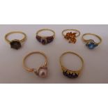 Six 9ct gold rings set with various coloured stones, approx total weight 17.4g