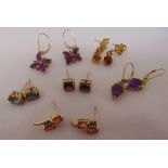 Six pairs of 9ct gold earrings set with various coloured stones, approx total weight 15.2g