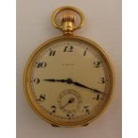 9ct yellow gold Elgin open face pocket watch with Arabic numerals and subsidiary second dial, approx