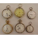 A quantity of open face pocket watches to include five silver cased and one gold plated, some A/F