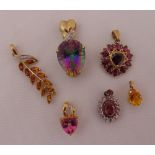 Six 9ct gold pendants set with various coloured stones, approx total weight 18.4g