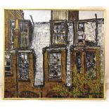 A framed oil on panel of a building, indistinctly signed bottom right, 87 x 98cm