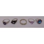 Five 9ct white gold rings set with various coloured stones, approx total weight 23.3g