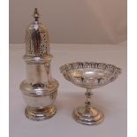 A silver sugar sifter of customary form and a silver bonbon dish on raised circular base, approx