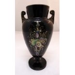 A late Victorian black glass baluster vase decorated with a hand painted scene 30cm (h)