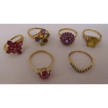 Six 9ct gold rings set with various coloured stones, approx total weight 19.8g