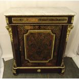 A rectangular Boule work cabinet with gilt metal decorations, marble top, on four bun feet, A/F, 107