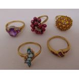Five 9ct gold rings set with various coloured stones, approx total weight 20.5g