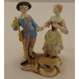 Meissen figural group of a shepherd and companion with a lamb at their feet, marks to the base, 12cm