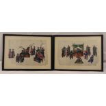 A pair of framed and glazed Chinese pith paintings of figures in an interior scene, 18 x 30cm