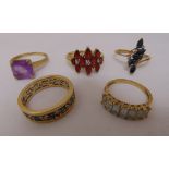 Five 9ct gold rings set with various coloured stones, approx total weight 18.9g