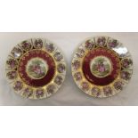 A pair of JKW porcelain plates decorated with courting scenes, marks to the bases, 26cm (d)