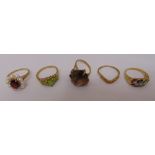 Five 9ct yellow gold rings set with various coloured stones, approx total weight 22.3g