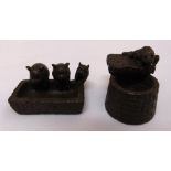 Two Japanese Meiji period bronze figurines of piglets 4cm (w) and a frog by a well, 3 cm (w)