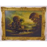 Rima framed oil on panel of a country landscape with sheep and a shepherd in the foreground,