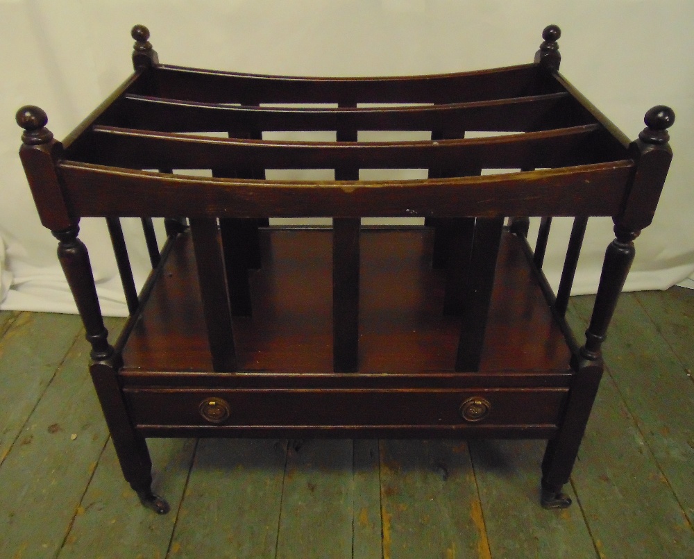 A mahogany Canterbury of customary form with single drawer, 54 x 55.5 x 35.5cm