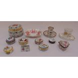 A quantity of porcelain to include pill and patch boxes, a pin tray and tooth pick holders (14)