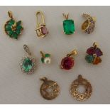 Eight 9ct gold pendants set with various coloured stones and two Star of David charms, approx