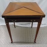 A mahogany envelope card table with single drawer on four tapering rectangular legs with original