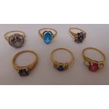 Six 9ct gold rings set with various coloured stones, approx total weight 22.3g