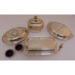 A quantity of silver plate to include entrée dishes and covers, a tea caddy and two salts with