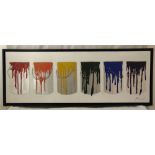 Pier framed and glazed oil on canvas study of six coloured paint cans, 50 x 140cm