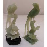 Two carved hardstone figurines of birds, to include one pierced wooden stand, tallest 25cm (h)