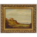 J. Fitt framed oil on panel of a castle on a hill with horses in the foreground, signed bottom left,