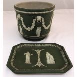 A Wedgewood green Jasperware jardiniŠre of cylindrical form, the sides with applied classical