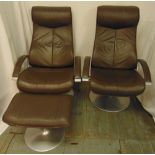 A pair of reclining leather swivel chairs and one matching foot stool