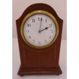An Edwardian mahogany and satinwood inlaid clock, white enamel dial with Arabic numerals, 22.5cm (