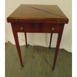 A mahogany envelope card table on tapering rectangular legs, the single drawer with brass handles,