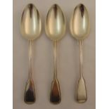 Three Victorian hallmarked silver fiddle and thread pattern table spoons, approx total weight 246g