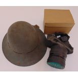 WWII helmet and a childs WWII gas mask in original box